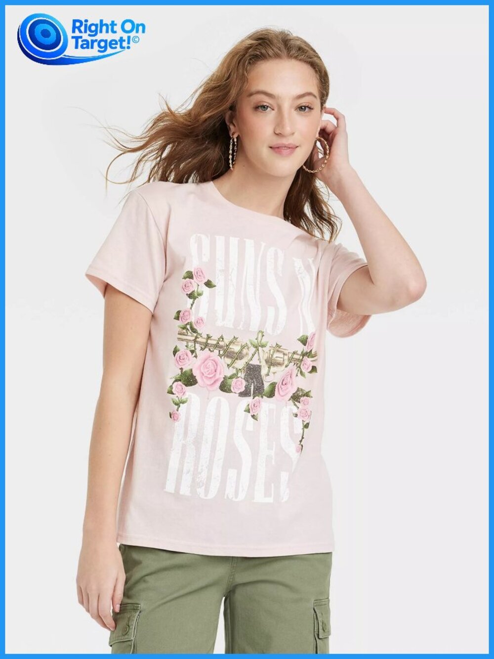 XXL - Womens Guns N Roses Floral Short Sleeve Graphic T-Shirt - Blush Pink